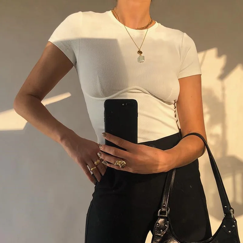 

Casual Basic White Crop Top Solid Color T Shirt Elegant Short Sleeve Woman Tshirt Top High Street Cotton Tshirts Women Summer