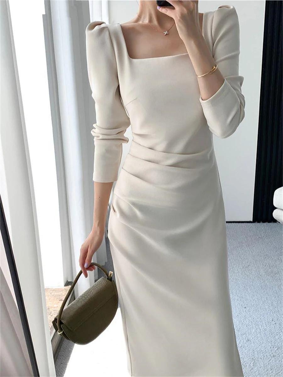 

Платье женское средней длины, Модный Элегантный Приталенный сарафан в офисном стиле, однотонная одежда, осень-зима