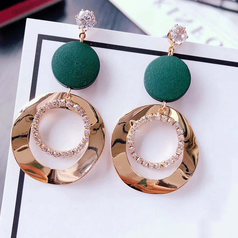 

Earrings for Women Woodiness Circle Pendant Simplicity Long Style Inlaid Diamond Jewelry Pendientes Mujer Luxury Eardrop