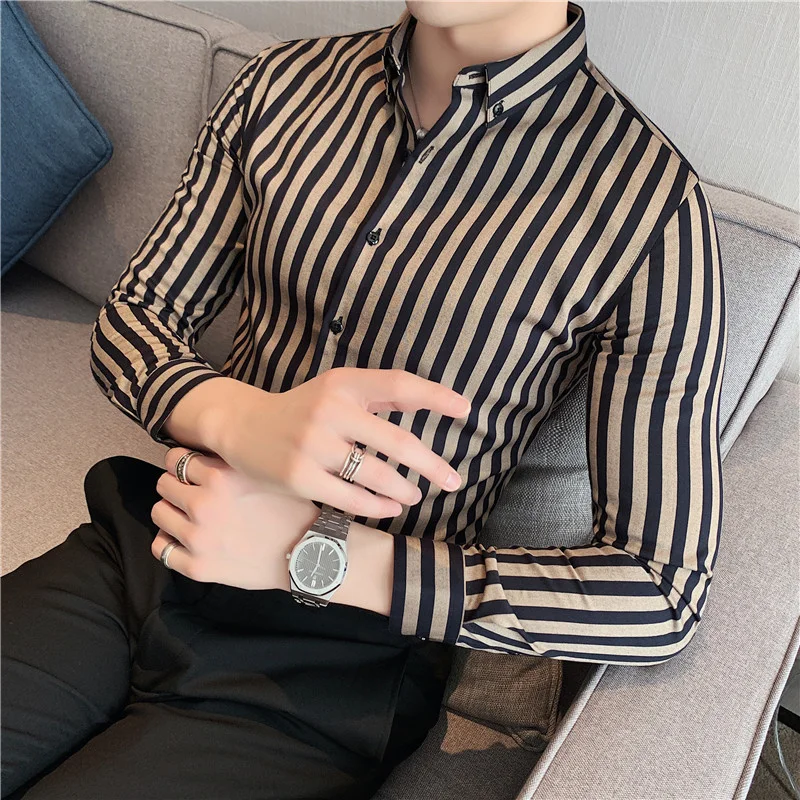 

Masculina Sprin Sirts Men Dress Vertical Stripe Streetwear Slim Men Sirt Casual Lon Sleeve Cemise omme Tuxedo Sirt