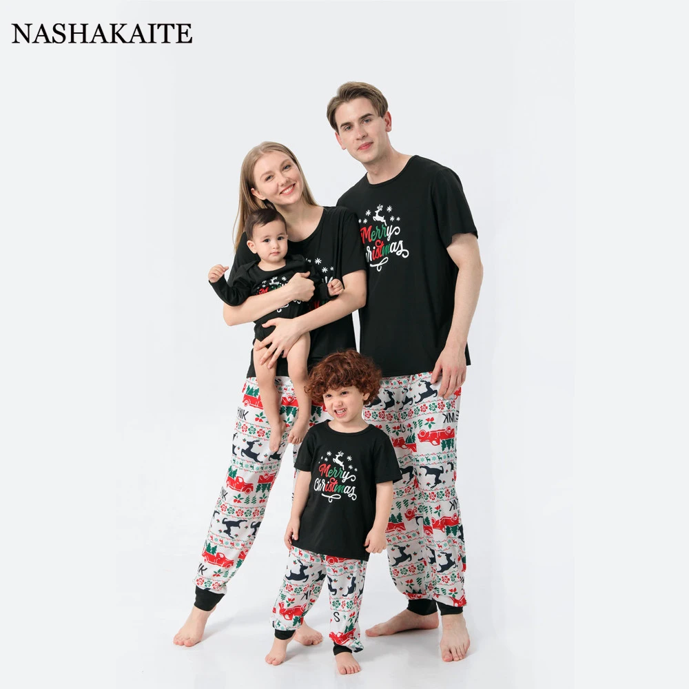 

Черные Рождественские одинаковые комплекты для семьи пижамы с короткими рукавами Одинаковая одежда для мамы и дочки, папы и сына