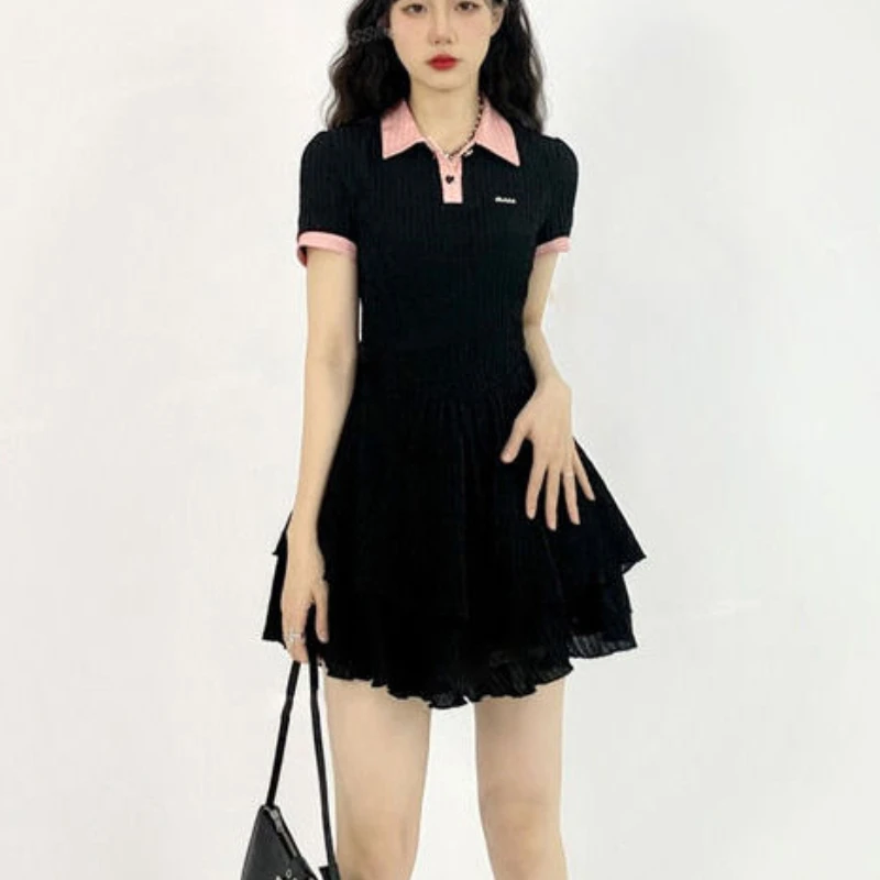 

Женские черные сексуальные мини-платья для девочек, летнее платье-трапеция в стиле преппи, платье с коротким рукавом, корейская модная одеж...