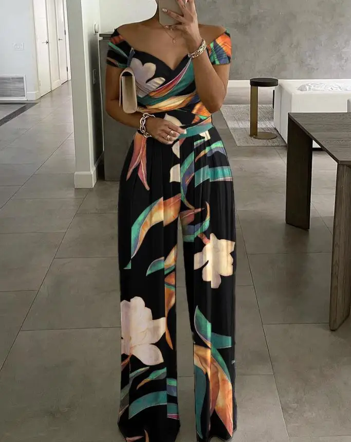 2022 New Women's Boho Jumpsuit Jumpsuit Women Summer Botanical Print Off Shoulder Casual Wide Leg Jumpsuit Elegant