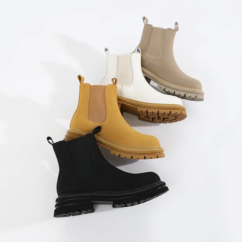 

Spring Frosted Genuine Leather Chelsea Boots Female Casual Boots Fashion Preppy Style Cow Suede Women's Shoes Candy Colours New