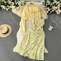 autumn suit dress female 2022 fashion long sleeve pearl beading blouse shirts tops suspenders floral casual dress two pieces set