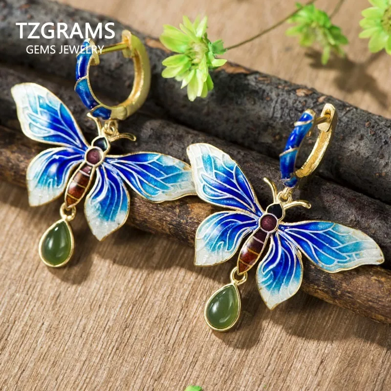

Real 925 Sterling Silver Earrings Long Large Butterfly Cloisonne Enamel Natural Jade Pendant Women Fashion Accessories