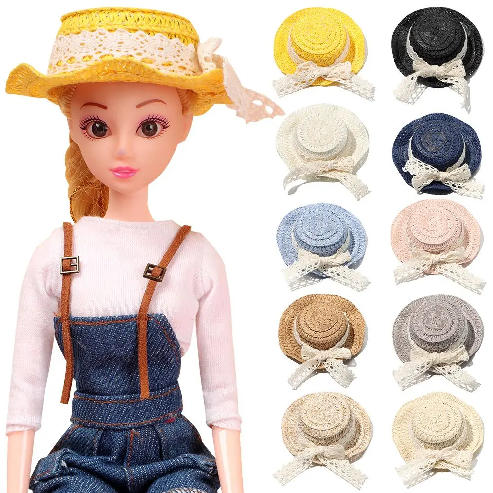 

10 Colors Mini Lace Bow Straw Hat for 1/12 Doll Handmade Weaved Hats Dollhouse Miniature Doll House Ornament Doll Hat Accessory