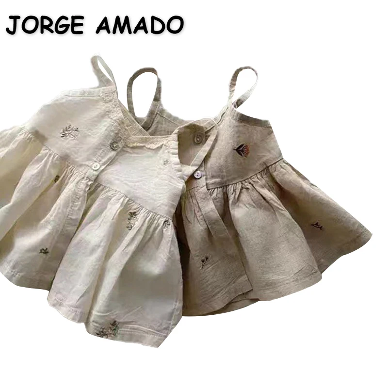 

Korean Style Summer Dress for Baby Girl Khkai Beige Embroidery Square Collar Sleeveless Cotton Mini Dresses Kid Clothes E2500