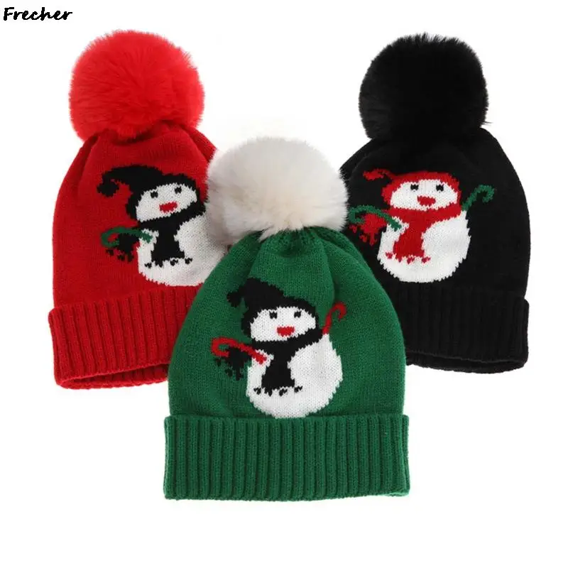 

Christmas Party Children Knitted Beanies Hats 2023 Winter New Year Kids Snowman Hat With Hairball Knitting Headwear Warm Caps