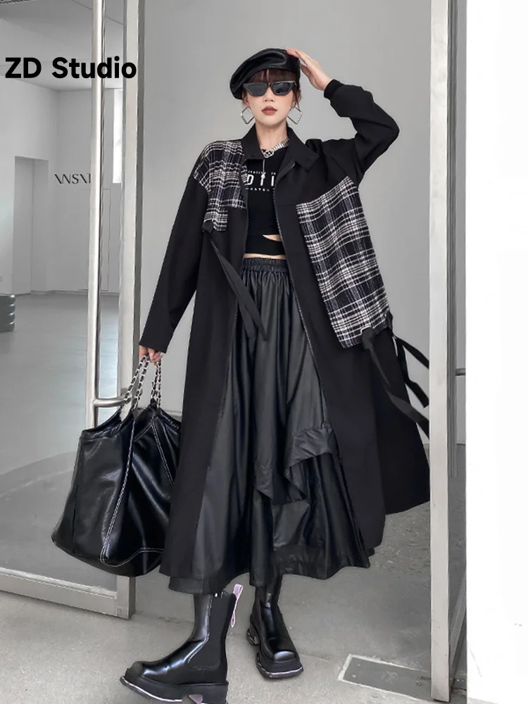 

[ZD Studio] Women Black Plaid Size Long Trench New Stand Collar Long Sleeve Windbreaker Fashion Tide Spring Autumn 2023 1DF2265