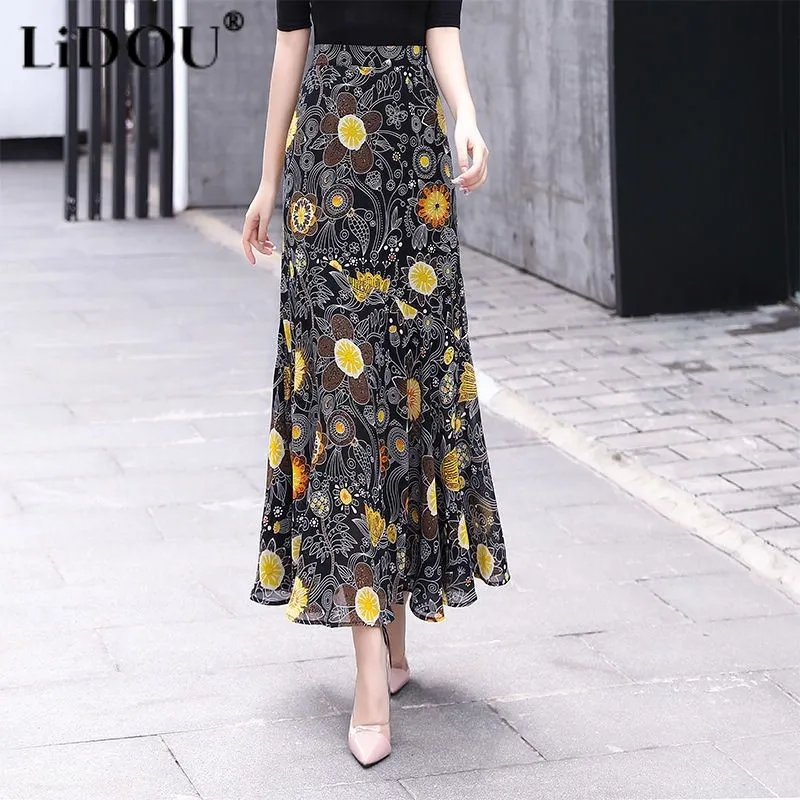 Female Skirt Spring Summer New Printing Floral Popularity High Waist Ruffles Ankle-Length Vintage Office Lady Elegant Fashion