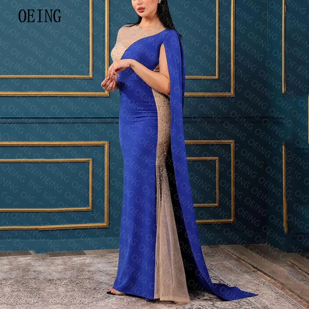 

OEING A-line O-neck Blue Beadings Cape Sleeves Formal Evening Party Dresses Elegant Saudi Arabic Prom Gown Exquisite Party Dress