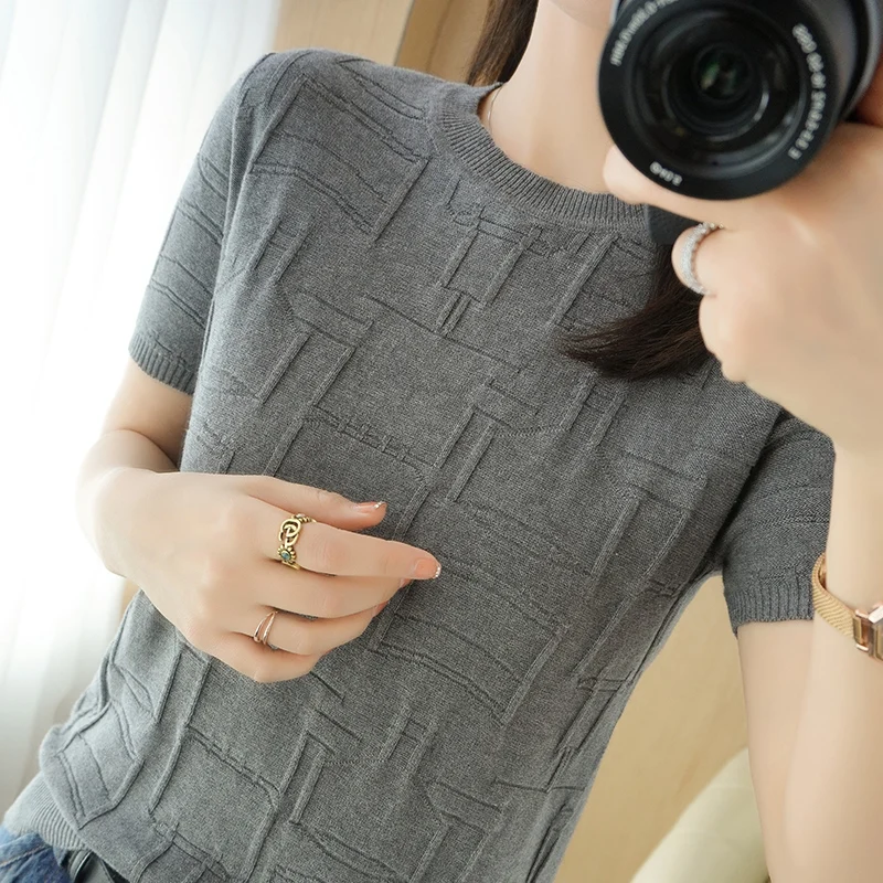 

Летние женские футболки, повседневные однотонные вязаные пуловеры, женские топы с коротким рукавом и круглым вырезом, свободные футболки, модель 2022