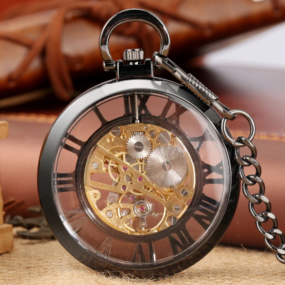 Roman Numerals Skeleton Mechanical Pocket Watch Open Face Transparent Glass Pendant Hand-Winding Antique Pocket Timepiece