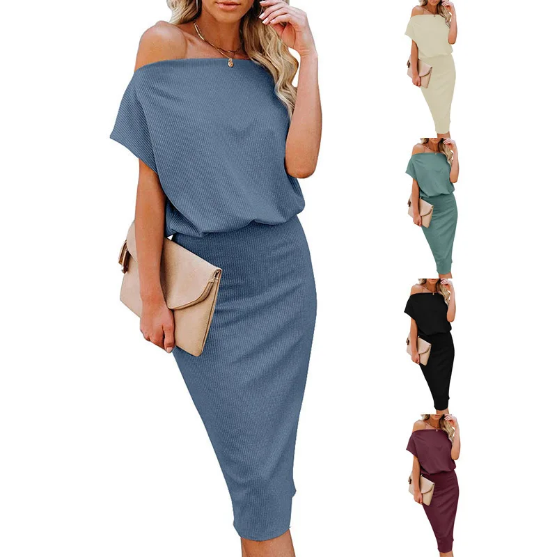 

Женское платье с рукавом летучая мышь, элегантное платье средней длины с вырезом лодочкой и открытыми плечами, вечерние пикантные облегающ...