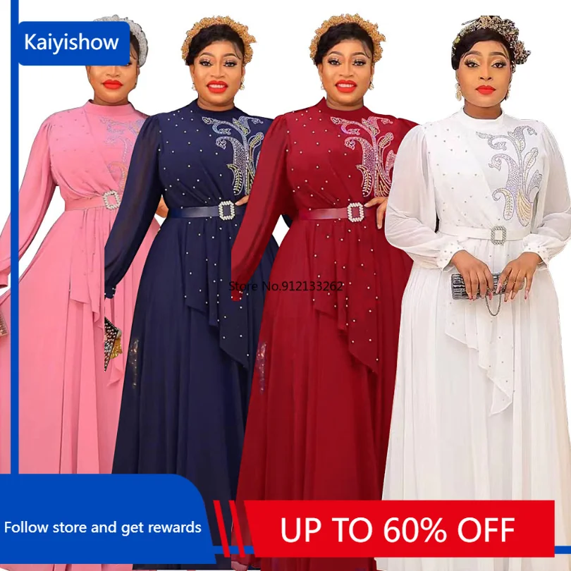 

Африканские платья Дашики для женщин, летнее элегантное Африканское женское платье с длинным рукавом и круглым вырезом из полиэстера, бело...