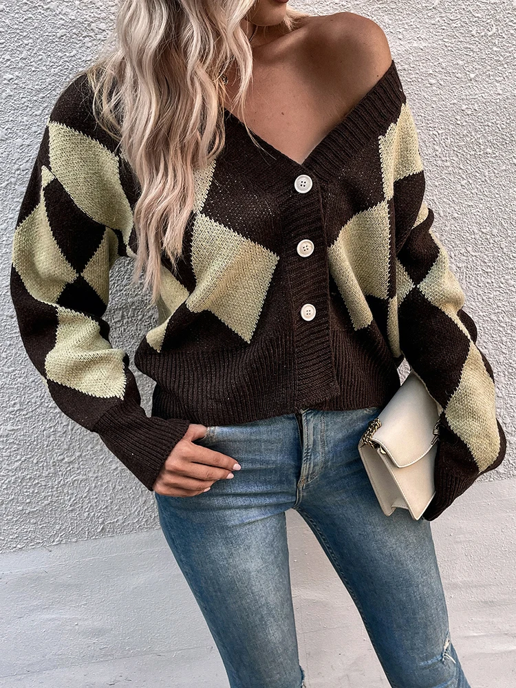 

New Autumn Winter Women Cardigan Knit Sweater Jacket Warm Coat Diamond Lattice Single-breasted Fashion Female Clothes Streetwear