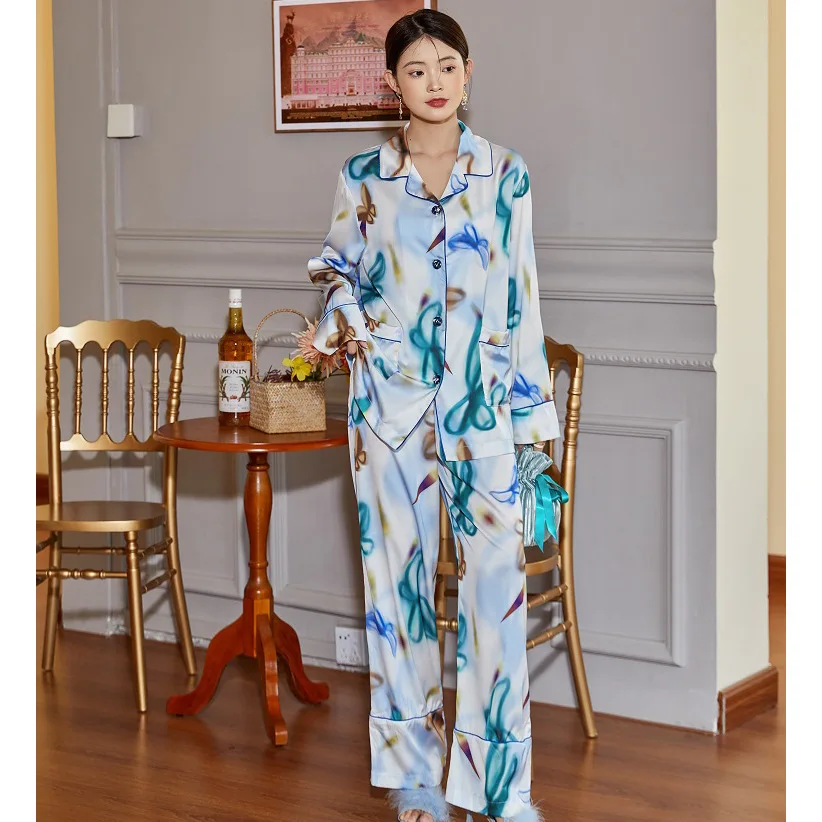 2022 Haiji Sunrise Premium Ice Silk Two-piece Pajamas Women's Suit  silk sleepwear set  pijamas women
