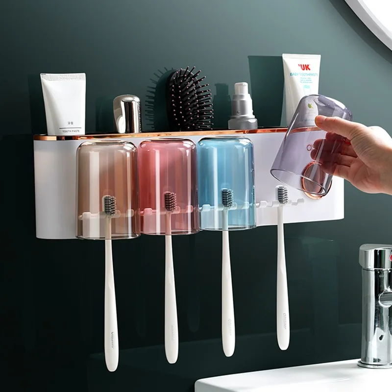 

Toothbrush Holder with Mouthwash Cup Automatic Toothpaste Squeezer Wall-mounted Tooth Brush Storage Rack Bathroom Accessories