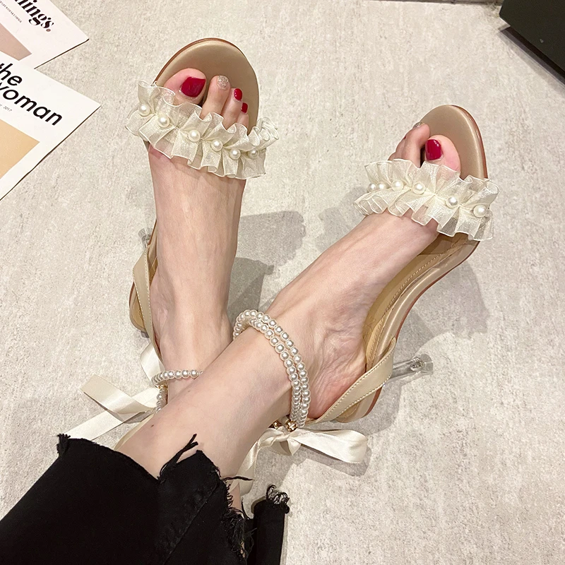 

2023 Slim Heel Lace-up Sandals for Women In Summer Fashion and Comfort with Pearl Temperament for Women's In High Heels