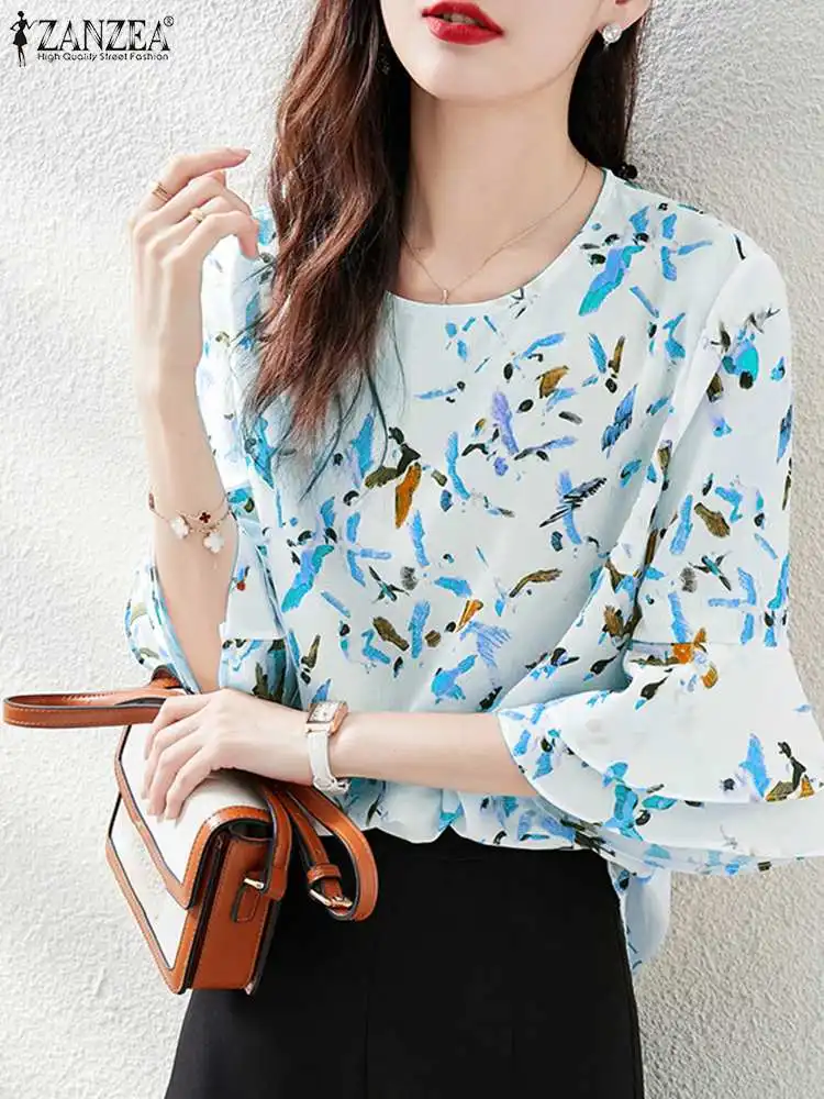 

Женская блузка с расклешенным рукавом и круглым вырезом, лето 2022, ZANZEA, топы с коротким рукавом и пуговицами сзади, футболки, повседневные шел...