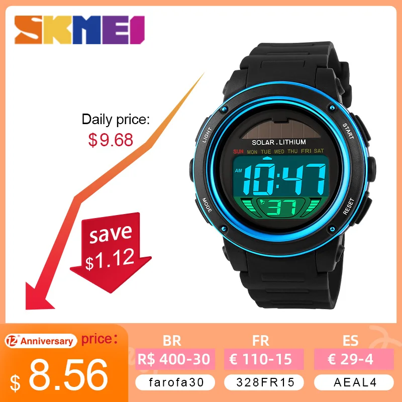 

SKMEI Outdoor Sport Watch Men Solar PU Strap Wristwatches Mens Chronograph Alarm 5Bar Waterproof Digital Watch reloj hombre 1096