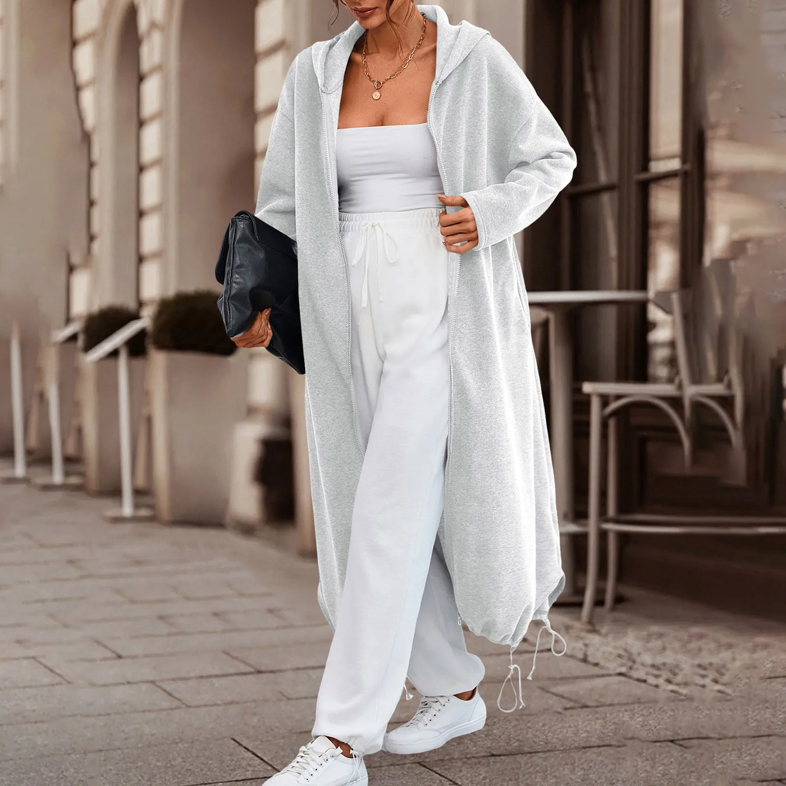 

Casual Women Long Hoodies Sweatshirt Coat Autumn Winter Zip Up Outwear Fashion Ladies Drop Shoulder Drawstring Hem Hoodie