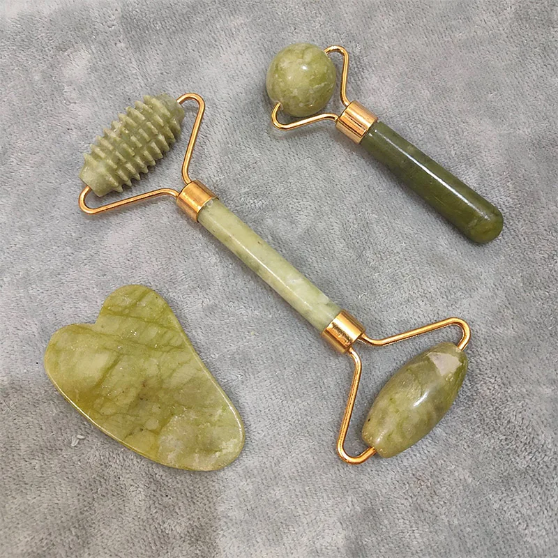 

3pcs Face Massager Roller Natural Jade Stone Guasha Board Scraper Set Skin Relaxation Slimming Beauty Neck Thin Lift Tool