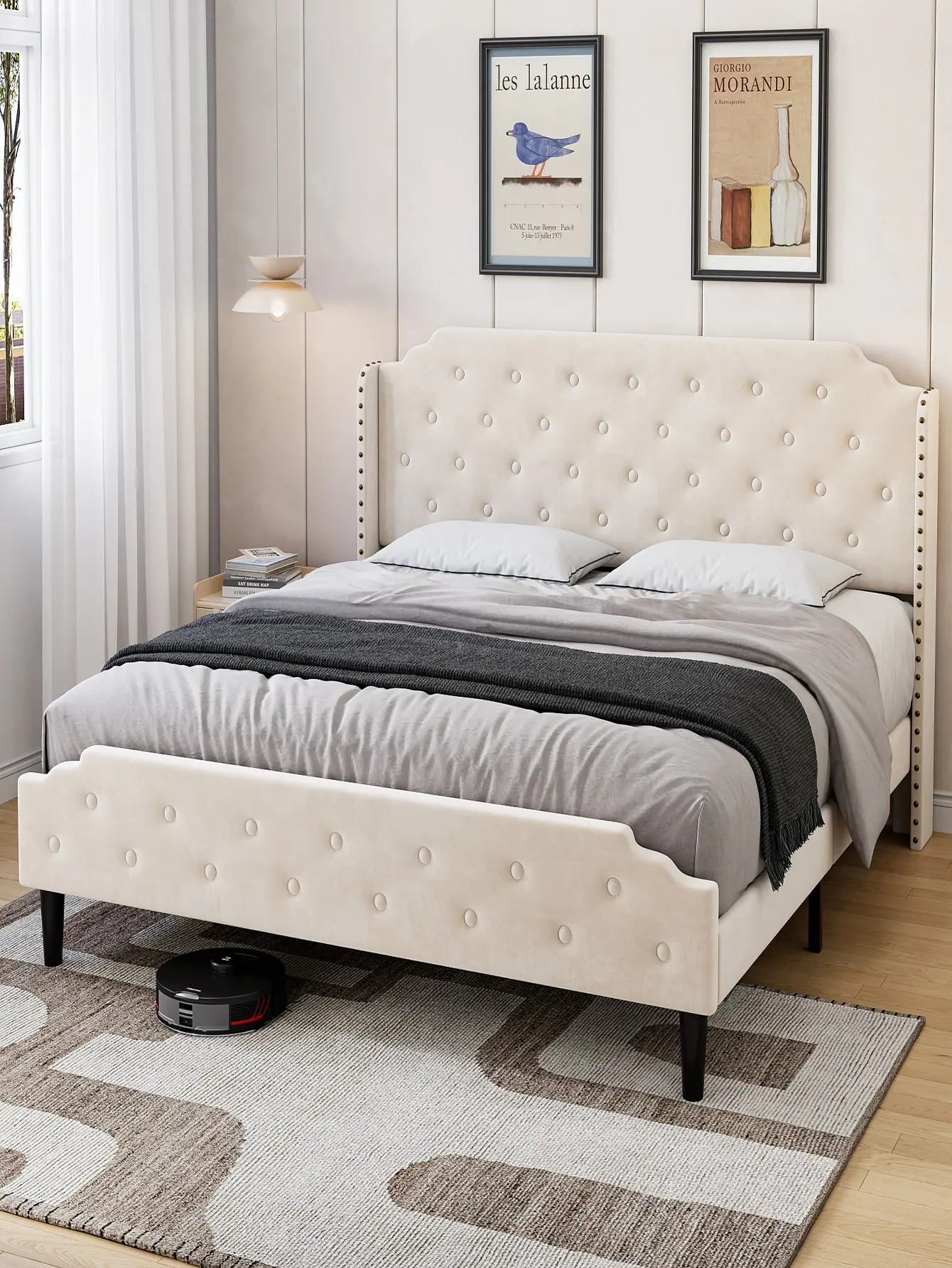 , Velvet Platform Bed Frame With Headboard, Upholstered Bed Frame With Rivet Wingback Headboard