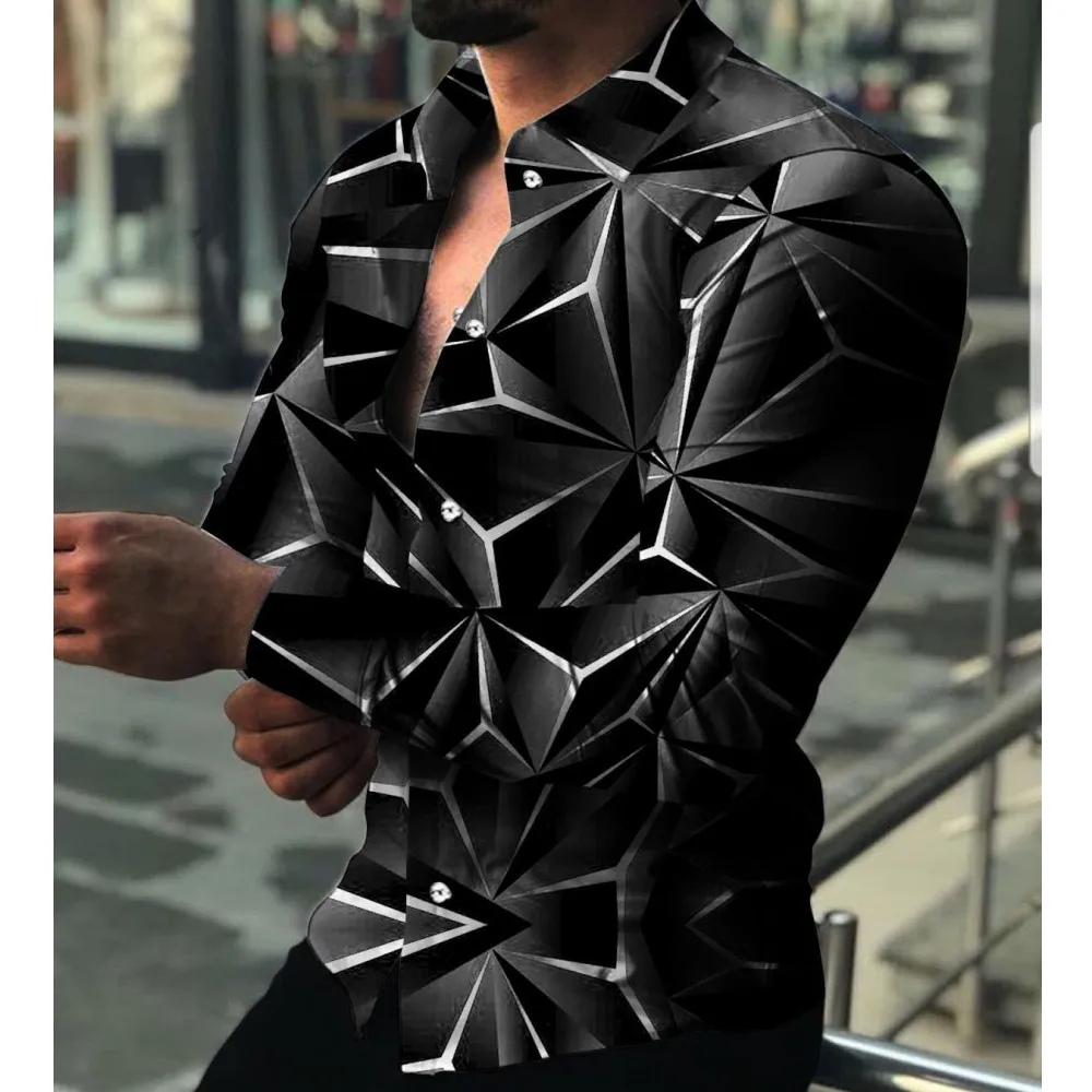 Men's Lapel Gradient Print Casual Slim Fit Long Sleeve Shirt