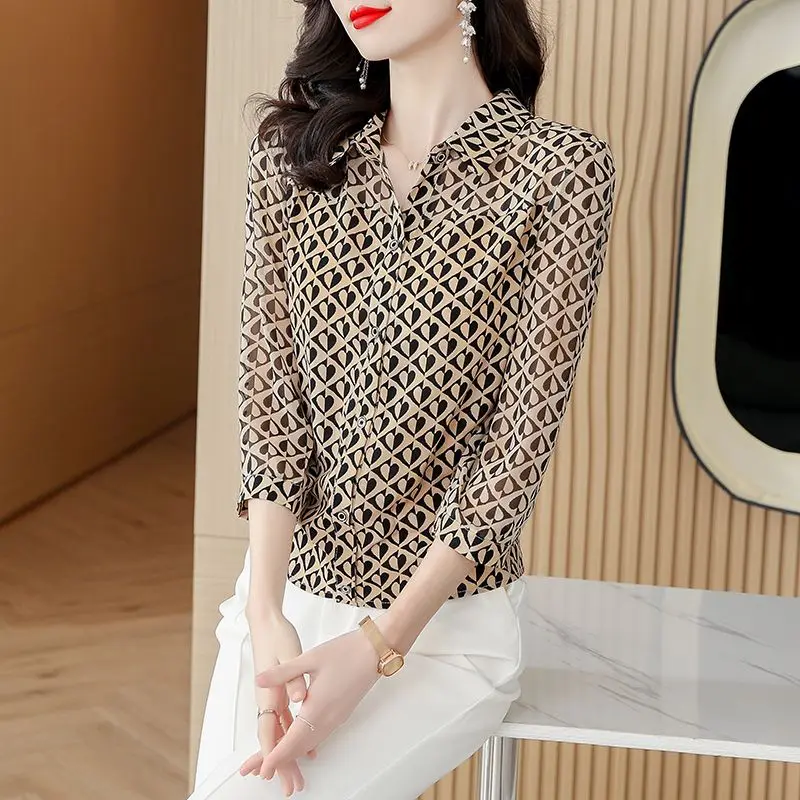 Женская шифоновая блузка с принтом свободная рубашка-поло рукавом три четверти и
