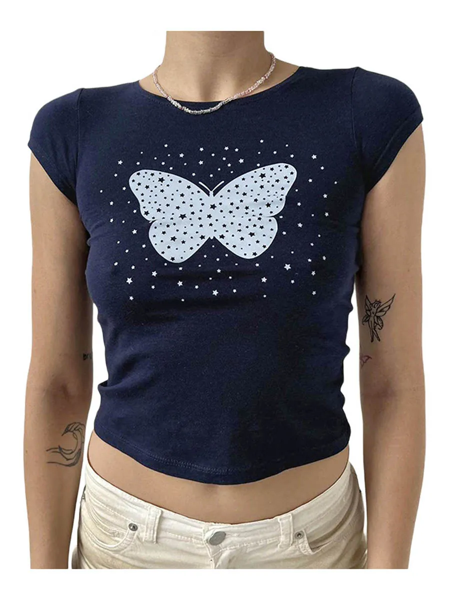 

Женская летняя футболка с круглым вырезом, принтом и рукавом-крылышком