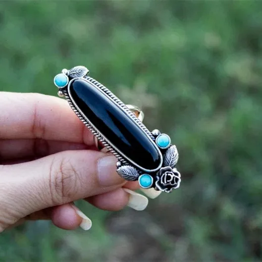 

Vintage Flower Leaves Turquoise Mosaic Rings for Women Exaggerated Jewelry Wedding Engagement Ring Birthday Valentines Day Gift