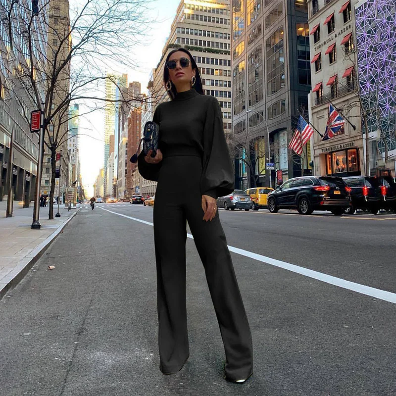 

Spring New Sexy Wide-leg Pants Solid Color High Neck Halter Long Sleeve Casual Temperament One-piece Trousers Women's Clothing
