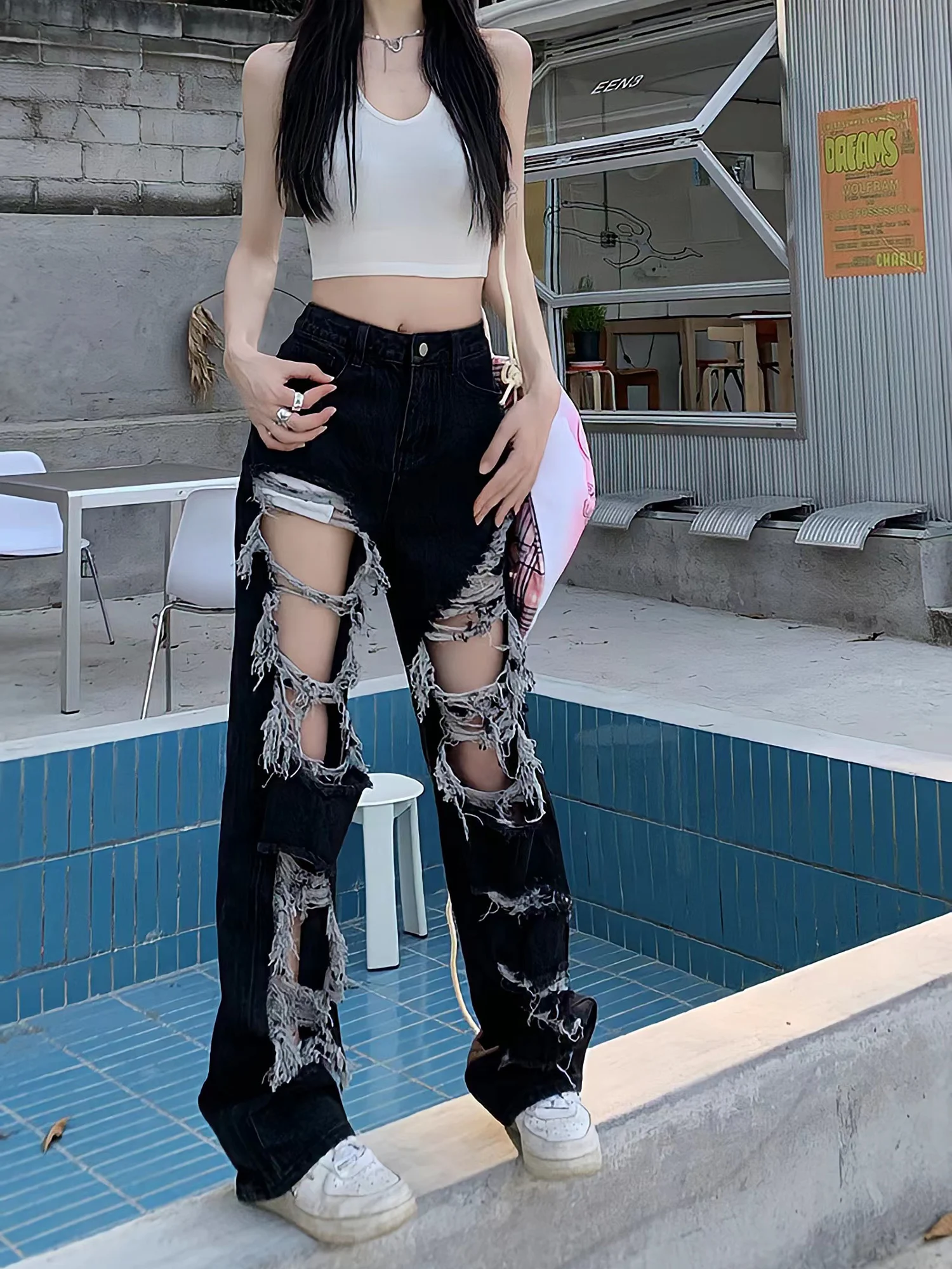 WTEMPO Y2k Distressed Women Broken Hole Jeans High Streetwear Hip Hop High Waist Straight Loose Trousers Washed Mopping Pants