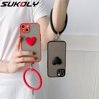 for iphone 13 12 11 pro max xs xr x 8 7 plus se 2022 shockproof 3d love heart wristband case matte hard bumper hand ring cover