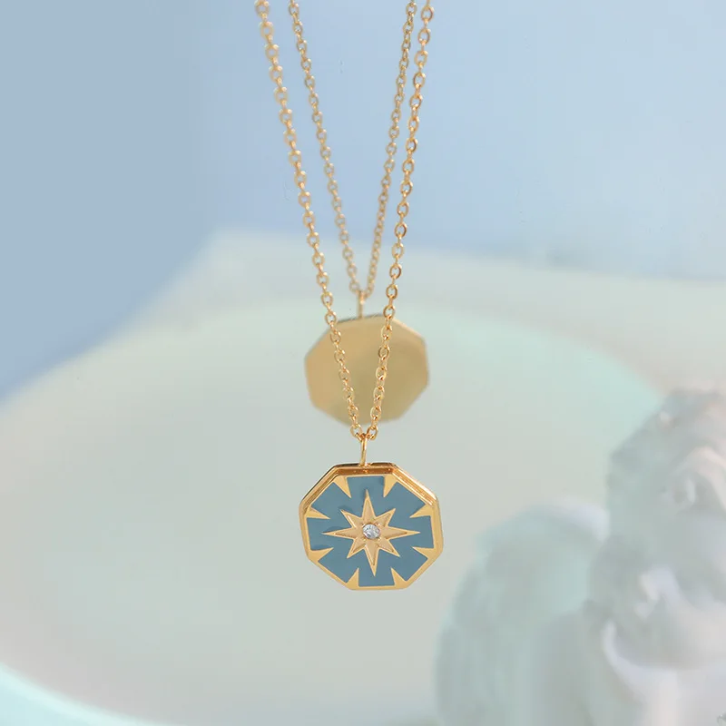 

Korean Necklace Diamond Pendant Necklace Octagon Star Retro Autumn Winter Sweater Necklace Women's Charm Jewelry Gift
