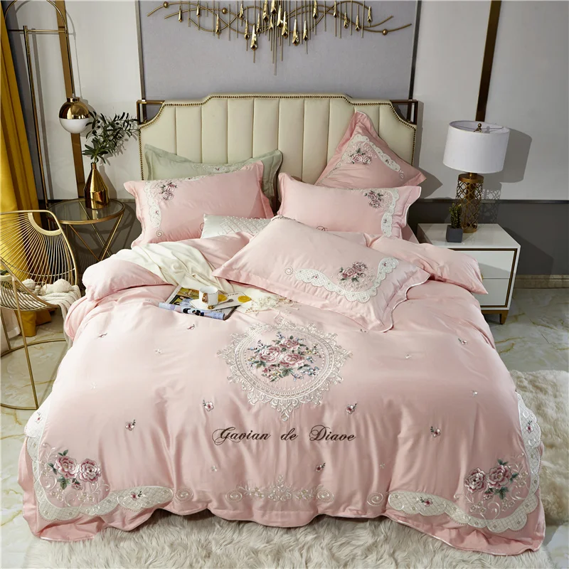 

New Pink 800TC Egyptian Cotton Pastoral Flowers Embroidery Bedding Double Duvet Cover Set Bed Linen Fitted Sheet Pillowcases