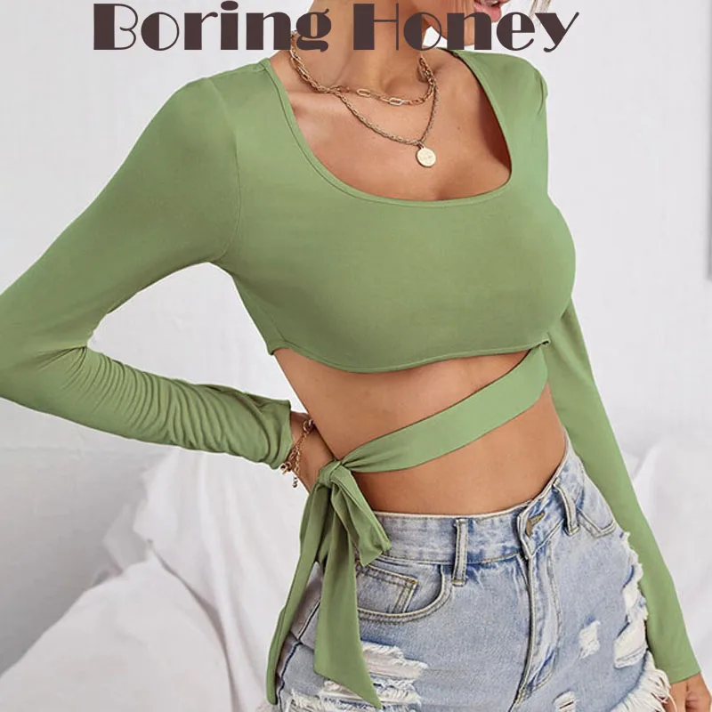 

Boring Honey European And American Style Sexy Clothes For Women Square Collar Slim Fit Short Tops Long Sleeves Women’s T-Shirts