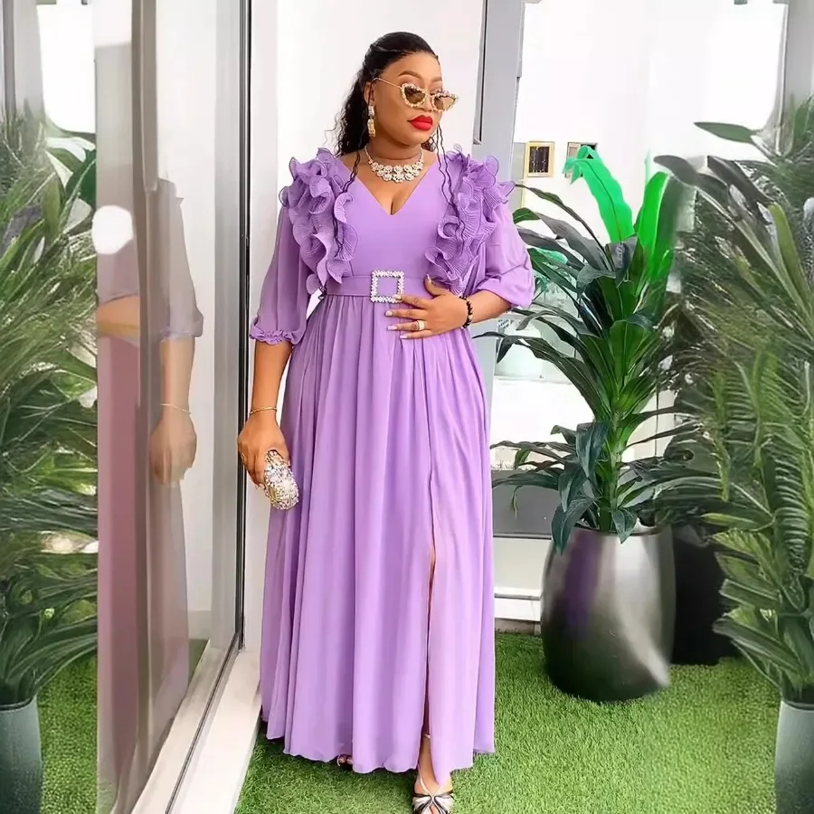 Платье женское длинное вечернее из полиэстера с V-образным вырезом и рукавом 2024