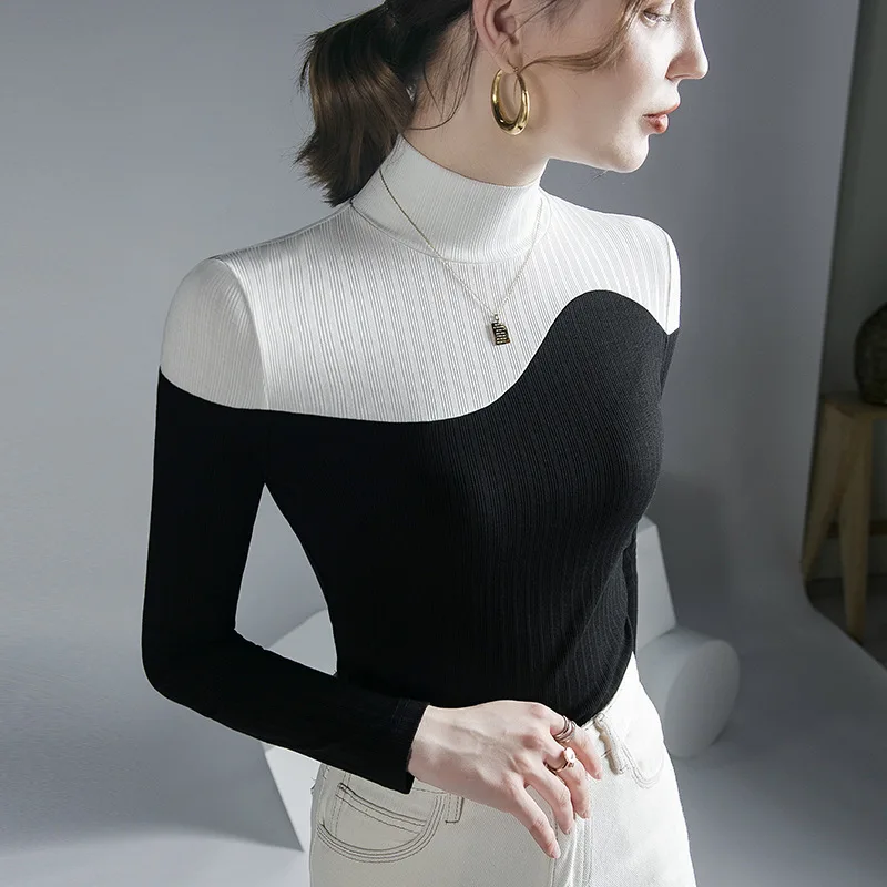 

High Quality 2022 Women T-shirt Contrast Color Design Female Autumn Sexy Crop Top Clothes Casual Fashion Blouses Grace Meeting