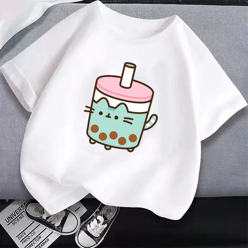 Белая детская футболка Pusheens с изображением милого кота повседневная одежда в