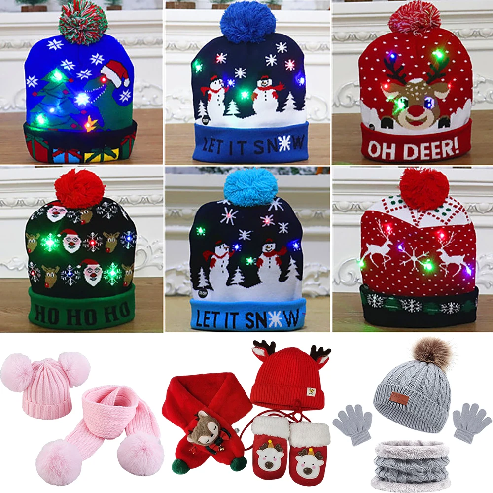

LED Christmas Hat Sweater Knitted Beanie Christmas Light Up Knitted Hat Christmas Gift for Kids Xmas 2022New Year Decorations