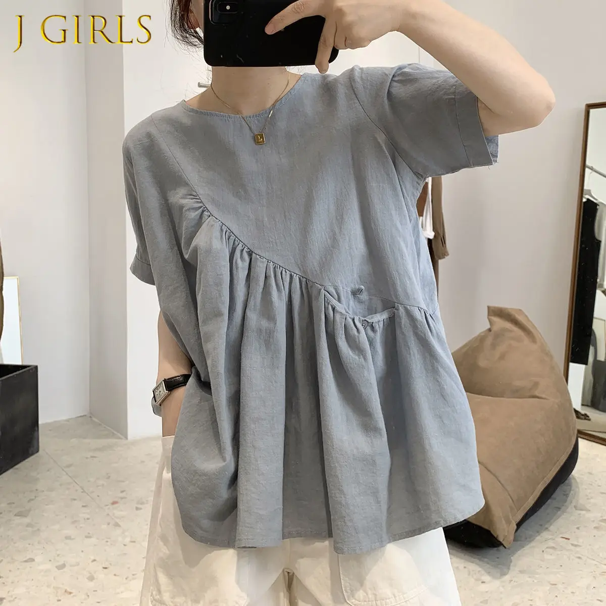 

J GIRLS Shirts Women O-neck Short Sleeve Pockets Asymmetrical Loose Solid Simple All-match Korean Ladies A-line Female Tops