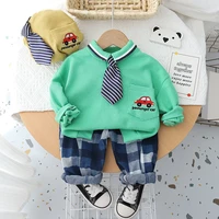 lzh 2022 baby boys suit autumn childrens tie cartoon long sleeve sweater pants 2pcs outfit for kids clothes boys set 1 6 year