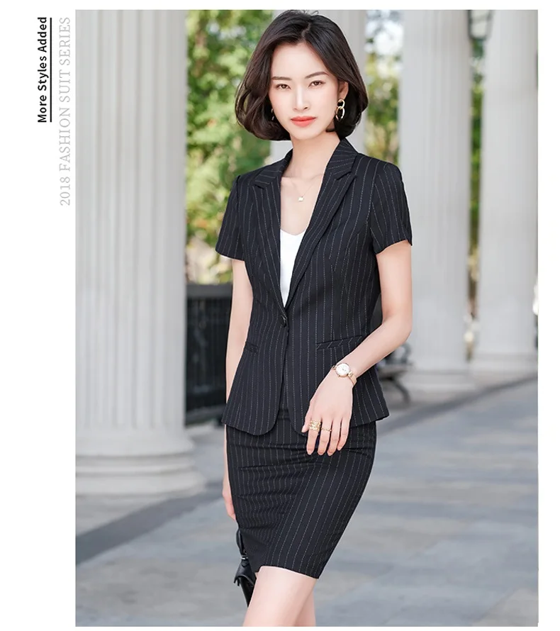 

Summer Women Business Suits Black Striped Skirt and Jacket Sets Short Sleeve Ladies Work Wear Uniform