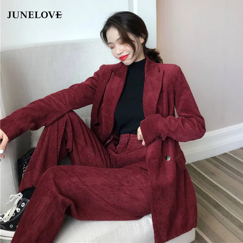 

Autumn Women Elegant Sets Corduroy Blazer OL Notch Collar Jacket Female 2 Pieces Double Breasted Coats Outwears Bottoms