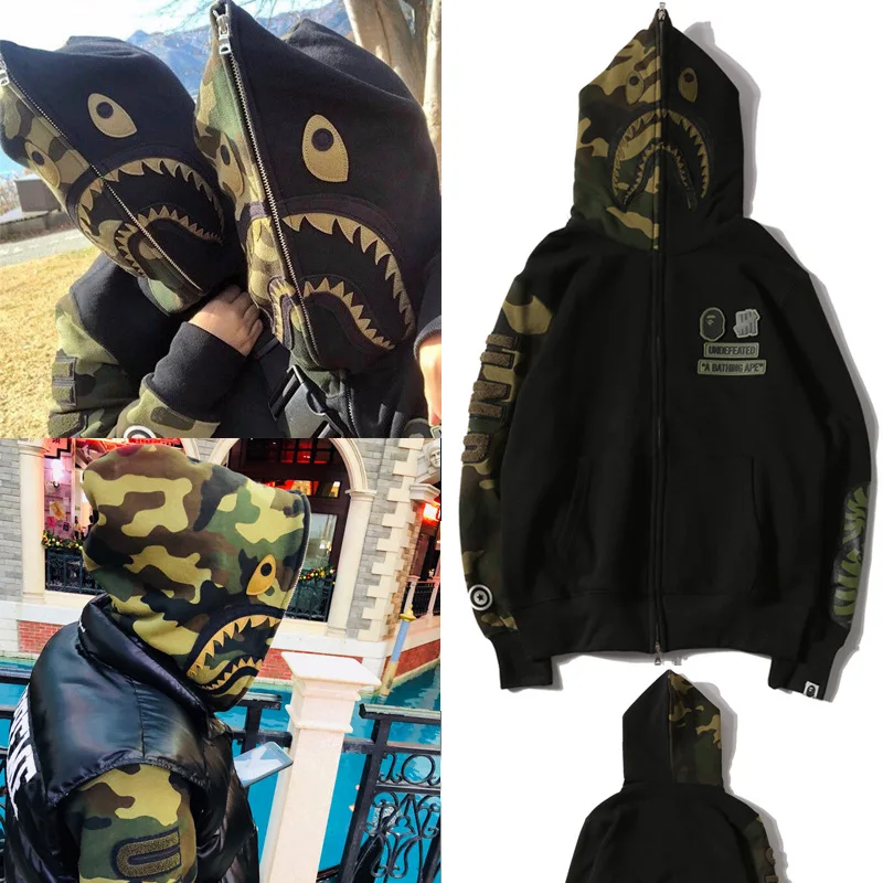 

2022 New Army Green Bape Space Camo Shark Full Zip Up Y2k Hoodie High Quality Ape Man Head Shark Bape Jacket Hip Hop Streetwear