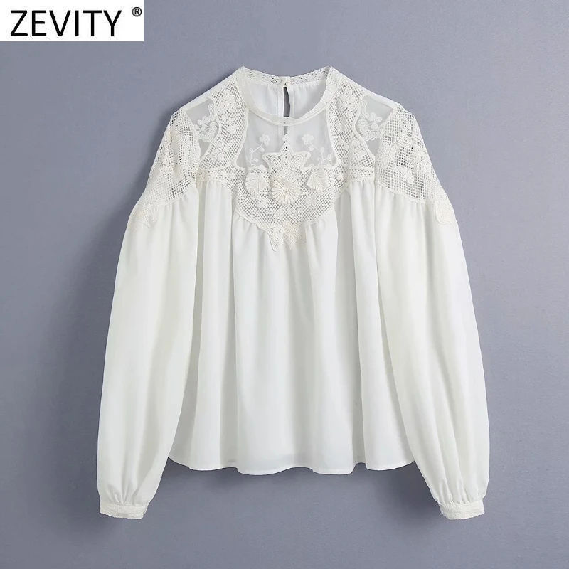 

Zevity 2021 New Women Fashion Lace Crochet Patchwork Hollow Out Blouse Female O Neck Casual Smock Shirts Chic Blusas Tops LS7712