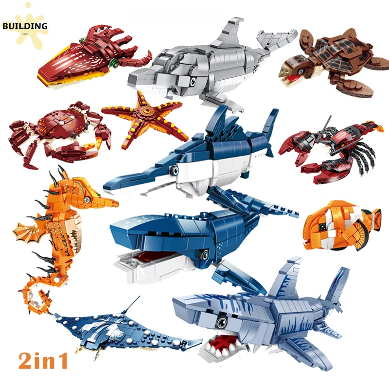 2in1 Cartoon Animals Robot Ideas Building Blocks Set Ocean S